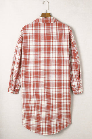 Red Plaid Print Button Long Shacket