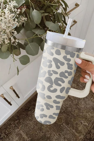 White Leopard Print 40OZ Stainless Steel Portable Cup with Handle