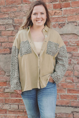 Khaki Plus Size Leopard Patchwork Shacket