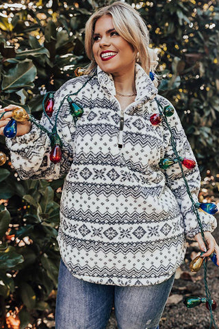 White Sherpa Geometric Print Quarter Zip Plus Size Pullover