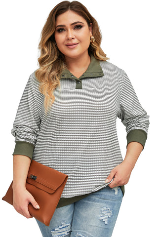 Green Striped Contrasting Trim Plus Size Henley Pullover