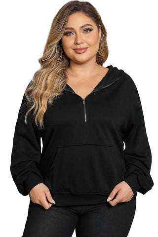 Black Half Zipper Kangaroo Pocket Plus Size Hoodie