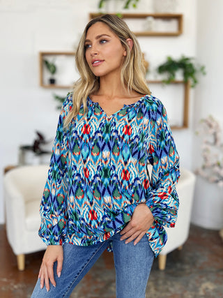 Double Take Full Size Printed Balloon Sleeve Blouse