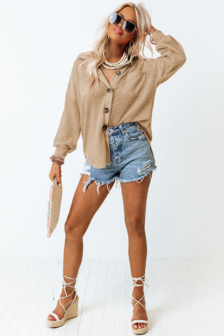 Khaki Waffle Knit Button Up Casual Shirt