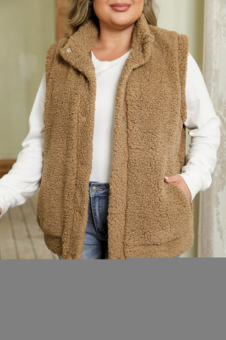 Khaki Plus Size Pocketed Sherpa Vest