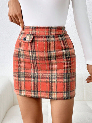 Decorative Button Plaid Mini Skirt