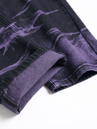 Purple And Black Fried Ripped Denim Trousers