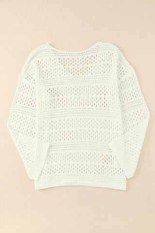 White Hollow Out Crochet V Neck Pullover Sweater