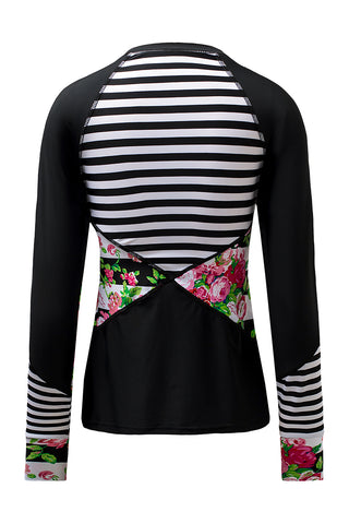 Black Zip Up Neckline Color Block Rashguard Top