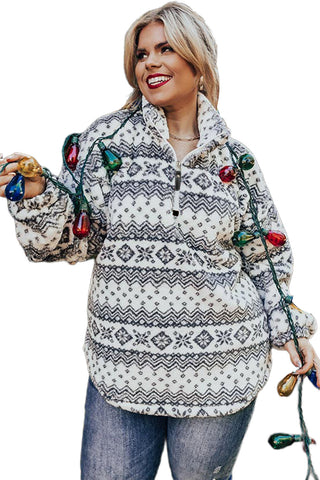 White Sherpa Geometric Print Quarter Zip Plus Size Pullover