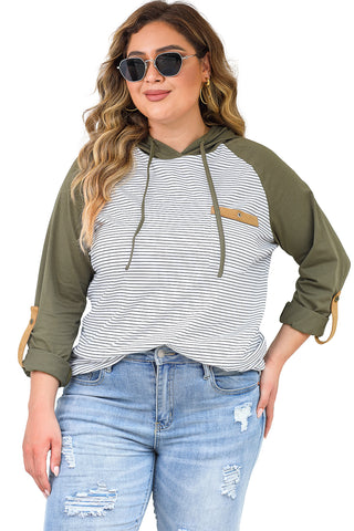 Green Striped Raglan Sleeve Buttoned Pocket Plus Size Hoodie