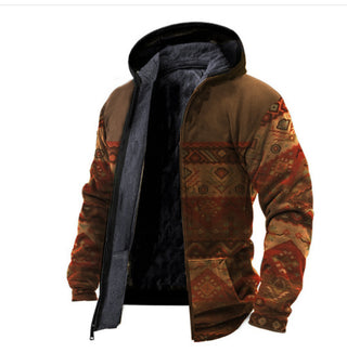 Men's Hooded Plush Printed Long Sleeved Cotton Jacket