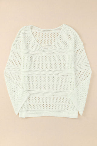 White Hollow Out Crochet V Neck Pullover Sweater