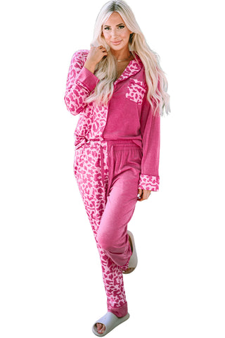 Rose Leopard Contrast Pocket Long Pajama Set