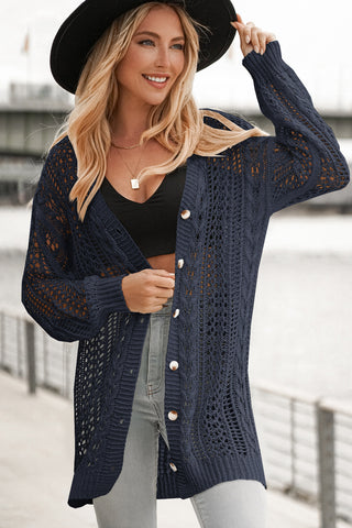 Double Take Openwork Ribbed Cuff Longline Cardigan