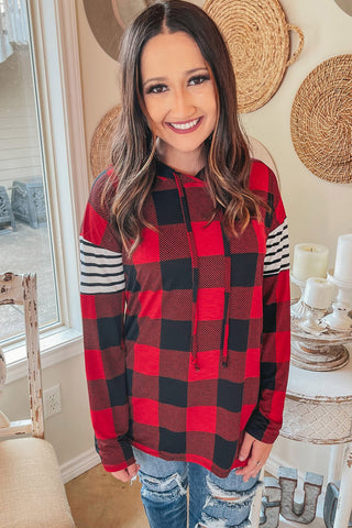 Red Plus Size Plaid Striped Patch Sleeve Hoodie