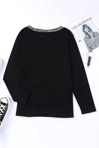 Black Long Sleeve Sequined V Neck Plus Size Top