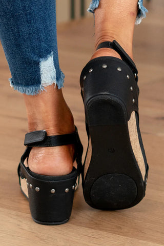 Black Vintage Leather Stitching Studded Wedge Sandals