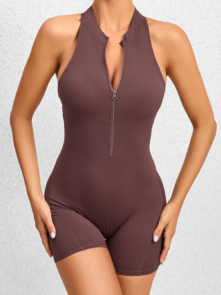 Cutout Ruched Half Zip Active Romper