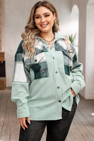 Green Plaid Patchwork Plus Size Corduroy Shacket