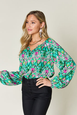 Double Take Full Size Printed Balloon Sleeve Blouse