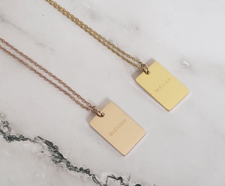 18k Gold Engraved Mirror Smooth Rectangular Tag Pendant Necklace for Women and Girls, Jewelry Gift