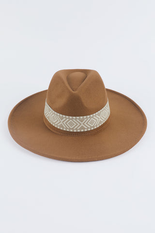 Brown Aztec Embroidery Retro Flat Fedora Hat