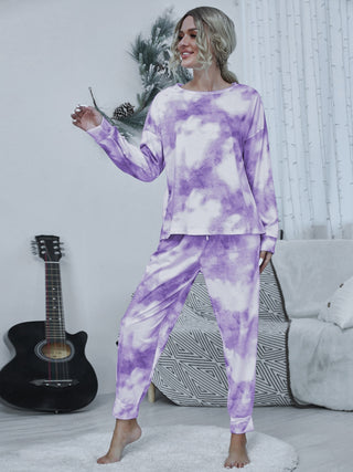 Tie-dye Round Neck Top and Drawstring Pants Lounge Set