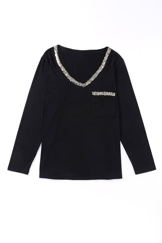 Black Long Sleeve Sequined V Neck Plus Size Top