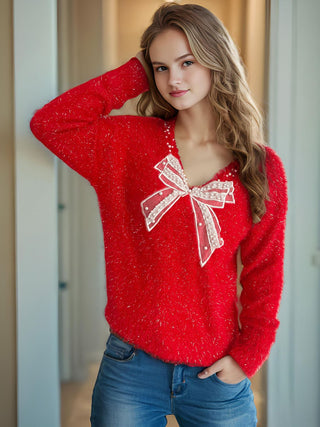 Bow Pearl Detail V-Neck Long Sleeve Sweater