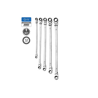 Mountain Ratcheting Wrench Set 5 Piece Metric Double Box Universal Spline Reversible 90 Tooth Long Flexible