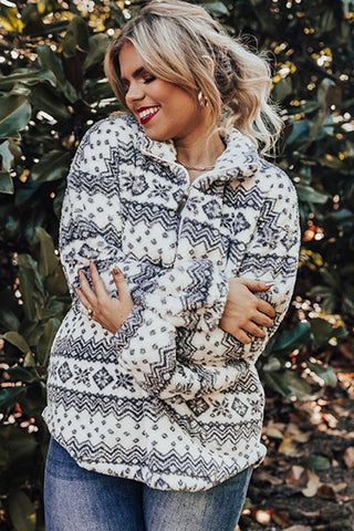 White Sherpa Geometric Print Quarter Zip Plus Size Pullover