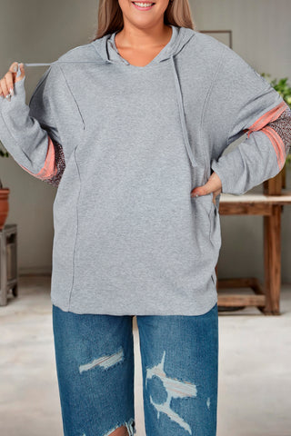 Gray Contrast Patched Sleeve Plus Size Hoodie