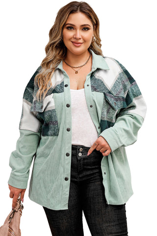 Green Plaid Patchwork Plus Size Corduroy Shacket