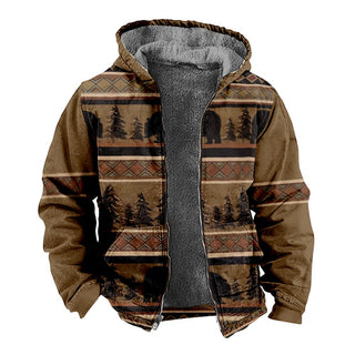 Men's Hooded Plush Printed Long Sleeved Cotton Jacket