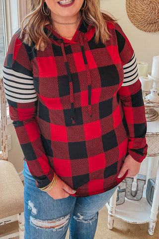 Red Plus Size Plaid Striped Patch Sleeve Hoodie