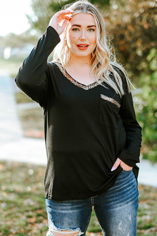 Black Long Sleeve Sequined V Neck Plus Size Top