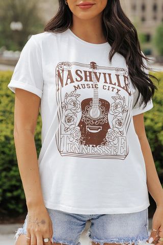 White NASHVILLE MUSIC CITY Graphic Crew Neck Tee