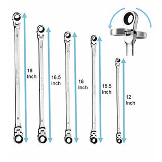 Mountain Ratcheting Wrench Set 5 Piece Metric Double Box Universal Spline Reversible 90 Tooth Long Flexible