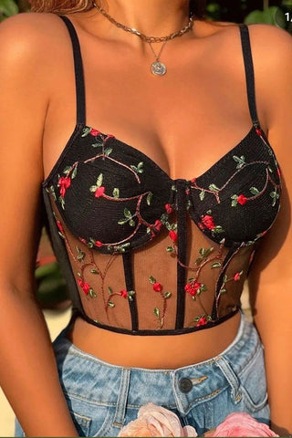 Black Floral Embroidery Mesh Bustier Bralette