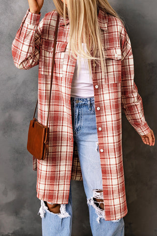 Red Plaid Print Button Long Shacket