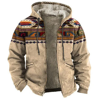 Men's Hooded Plush Printed Long Sleeved Cotton Jacket