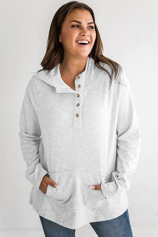 Gray Plus Size Kangaroo Pocket Henley Button Hoodie