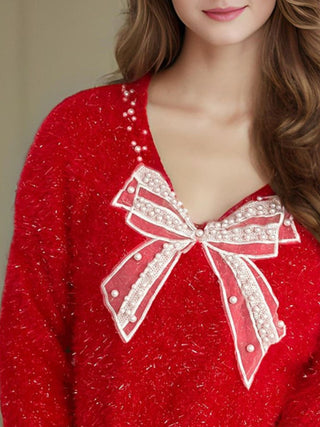 Bow Pearl Detail V-Neck Long Sleeve Sweater