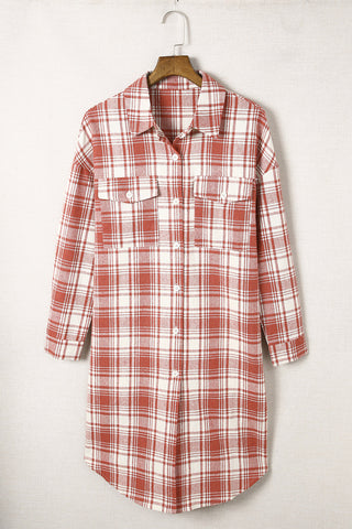 Red Plaid Print Button Long Shacket