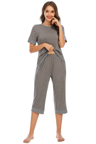 Round Neck Short Sleeve Top and Capris Pants Lounge Set