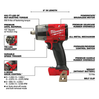 Milwaukee Tool M18 FUEL 1/2 Inch Compact Impact Wrench w/ Friction Ring Bare Tool