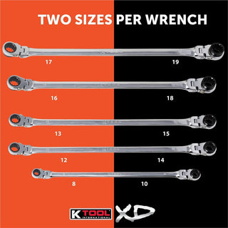 K Tool International Wrench Set 5 Piece Metric Ratcheting Reversible Double Box Flexible Extra Long Universal Spline 90 Tooth