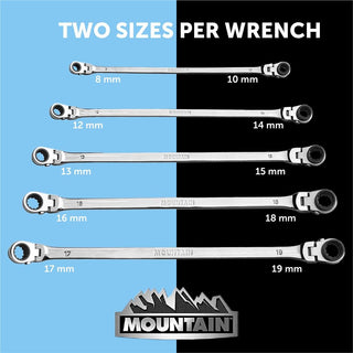 Mountain Ratcheting Wrench Set 5 Piece Metric Double Box Universal Spline Reversible 90 Tooth Long Flexible