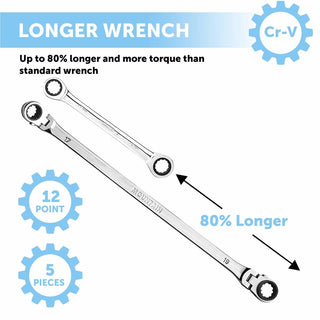 Mountain Ratcheting Wrench Set 5 Piece Metric Double Box Universal Spline Reversible 90 Tooth Long Flexible